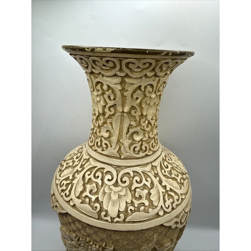 Vintage Mandarin Resin Carved Vase Layered 3D Flowers Floral Birds 12.5